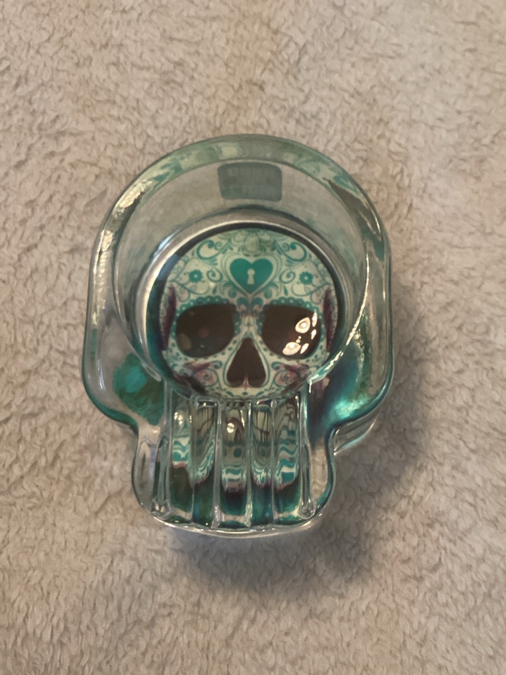 Glow in the dark glass skull ashtray smokezilla floral teal